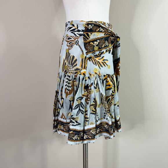 Farm Rio | Tapestry Blue Black Gold Tie Waist Ruffle Designer Mini Skirt XS - Picture 5 of 11